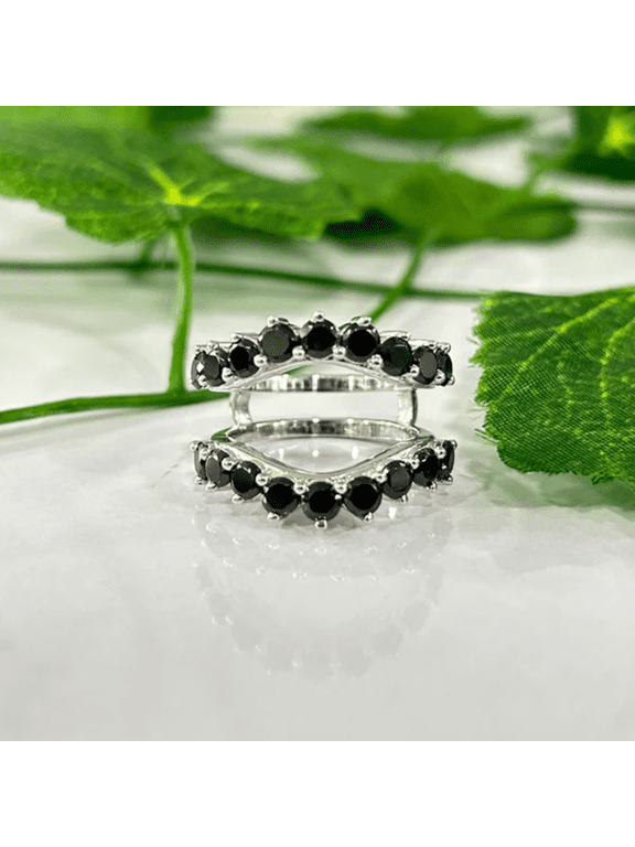 Vintage Black Diamond Curved Ring Crown Wedding Band Guard- Onyx Matching Bridal Stacking Ring For Her
