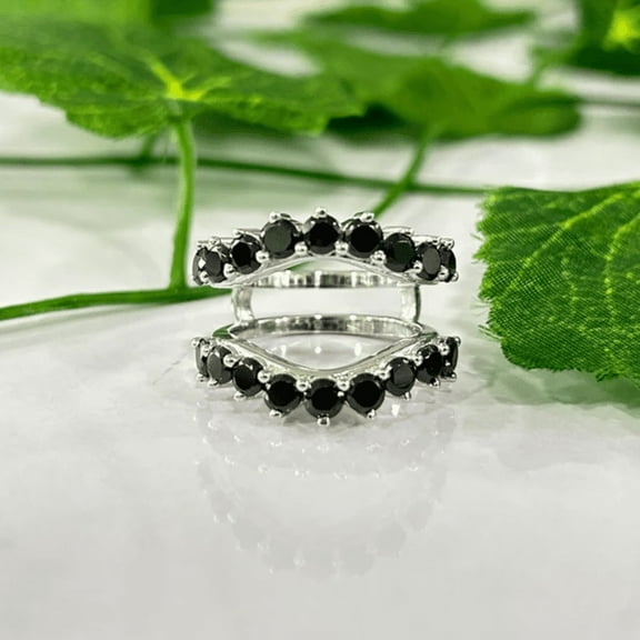 Vintage Black Diamond Curved Ring Crown Wedding Band Guard- Onyx Matching Bridal Stacking Ring For Her