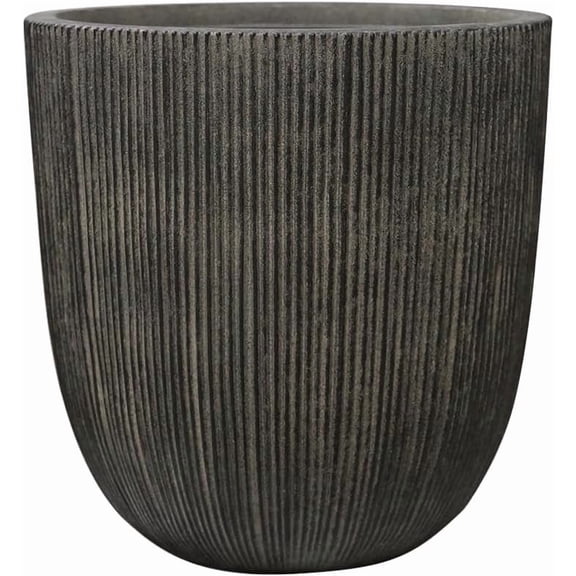 Vintage Black Faux Cement Ribbed Planter, 12.4"H Tall Tapered Egg-Shaped Plastic Plant Pot with Drainage Hole & Plug, Large Modern Indoor Outdoor Flower Pot for Home, Garden, Patio and Houseplants