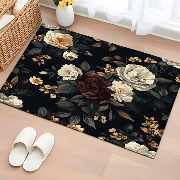 Vintage Black Floral Bathroom Rug Washable 2x3 Entryway Rug Non Slip Spring Seasonal Botanical Blooms Front Door Mat Low Pile Indoor Doormat Throw Floor Carpet for Kitchen Bedroom Entrance