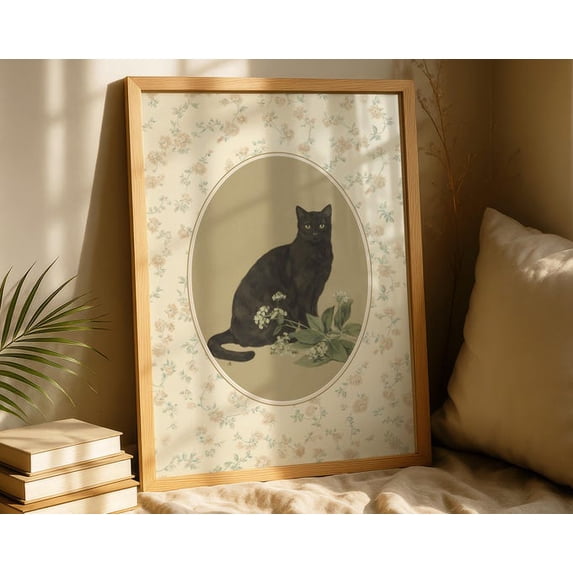 Vintage Black Floral Cat Wall Art Print, Unframed Paper Poster 11x14in