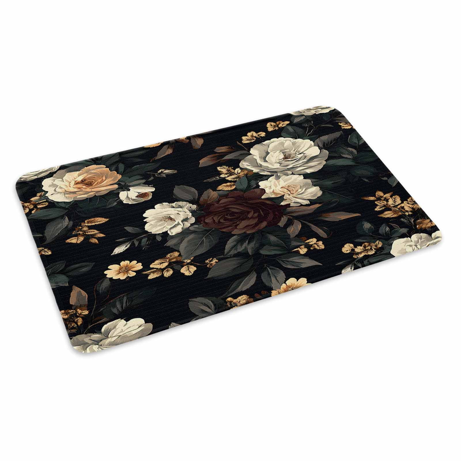 Vintage Black Floral Doormat Outdoor Entrance 20"x31.5", Spring Seasonal Botanical Blooms Absorb Moisture Dirt Door Mats, Non-Slip Rubber Backing Floor Mats Indoor, Low-Profile Front Door Rugs
