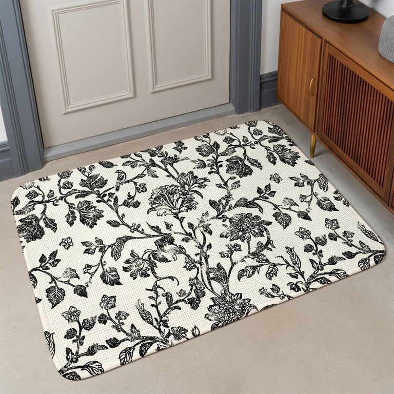 Vintage Black Floral Front Door Mat Indoor Entrance, Farmhouse