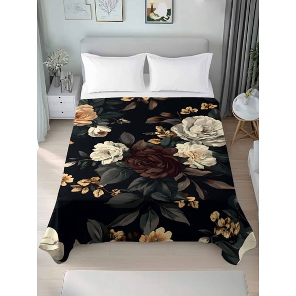 Vintage Black Floral King Size Flat Sheet, Wrinkleproof & Fadeproof Cooling Flat Bed Sheet Only, Spring Seasonal Botanical Blooms Breathable Soft Bedding Top Sheets 105 x 98 Inches