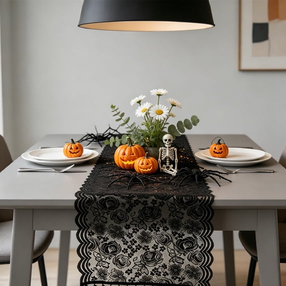 Vintage Black Floral Lace Table Runner with Tassel, Semi Sheer Polyester 45x180cm, for French Country Farmhouse Dining Wedding Decor