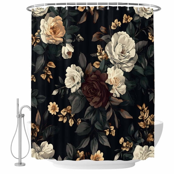 Vintage Black Floral Shower Curtain Set - 72" x 78" Washable Bathtub Curtain with 12 Hooks, Spring Seasonal Botanical Blooms Waterproof Fabric Stall Shower Curtains for Bathroom/Bathtub Décor