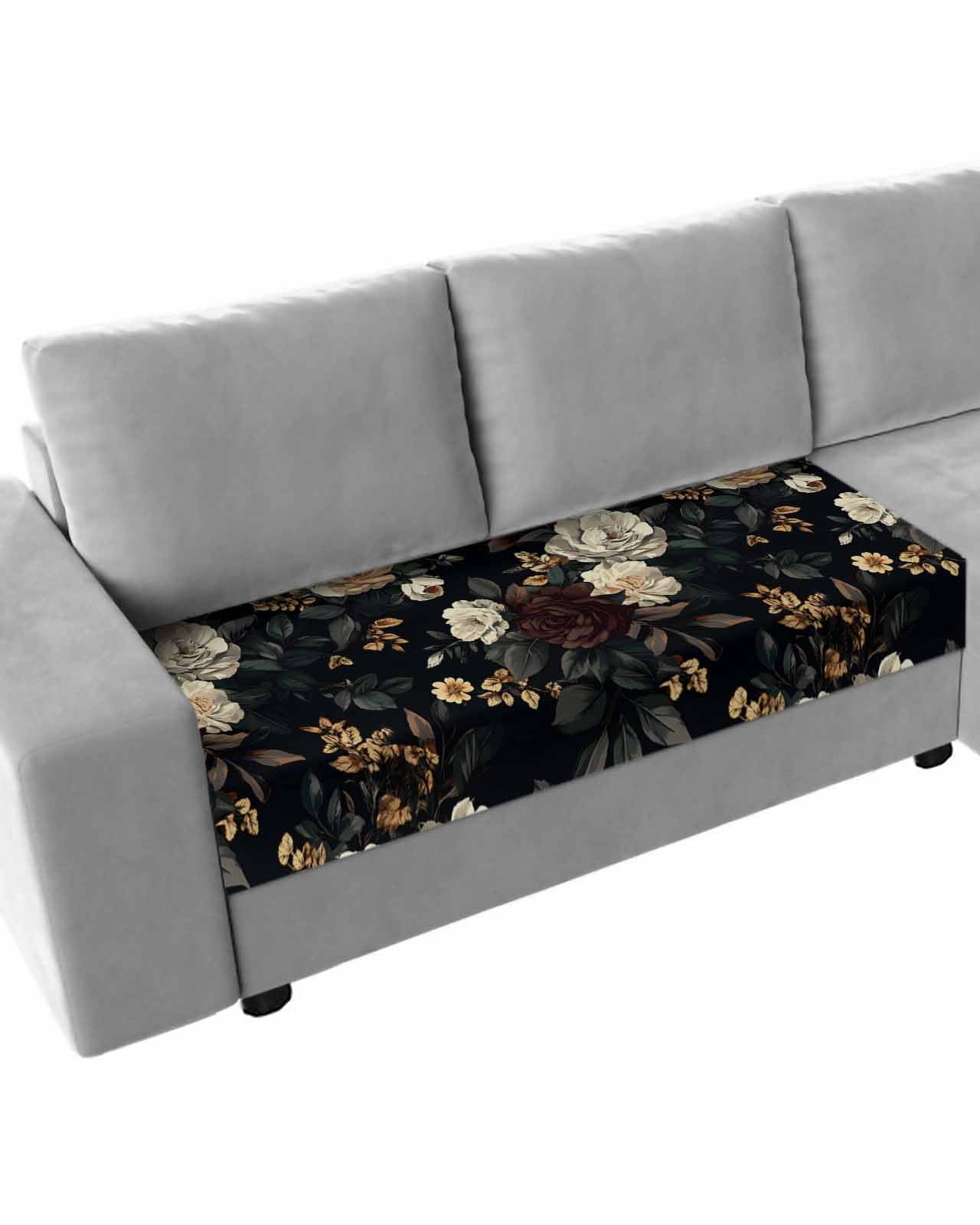 Vintage Black Floral Sofa Couch Cushion Covers Washable, Removable Stretchable Sectional Couch Covers, Spring Seasonal Botanical Blooms Slipcovers for L & T Shape Sofa Furniture Protector M Size 1 pc