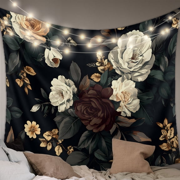 Vintage Black Floral Tapestry for Bedroom Wall Hanging Tapestry, Spring Seasonal Botanical Blooms Ceiling Backdrop Tapestries Poster Blanket Wall Decor for Teens Room Living Room Dorm 39" x 59"
