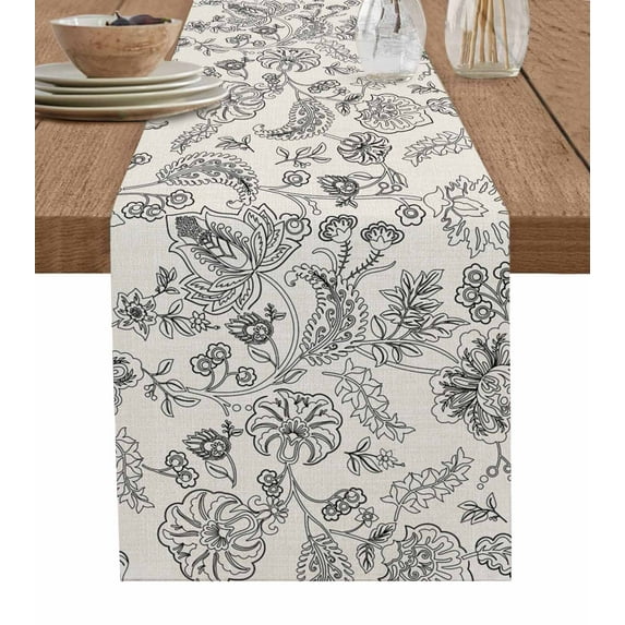 Vintage Black Flower Burlap-Cotton Table Runner 36 Inches Long,Modern Ethnic Botanical Farmhouse Table Runners,Outdoor Dining Tablecloths Decor for Baby Shower Party Wedding 13x36