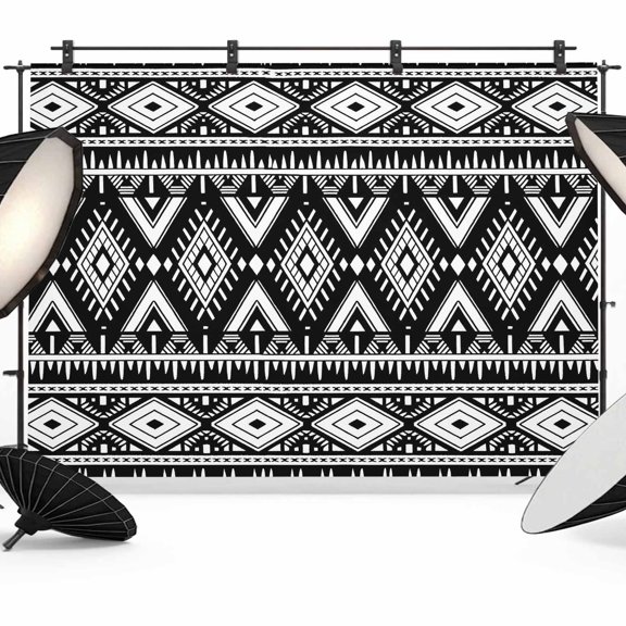 Vintage Black Geometric Backdrops for Photography, Tribal Boho Rustic Aztec Style Fabric Photo Background Sturdy Studio Props for Photo Studio, Video Recording, Booth & Photoshoot 7x5ft