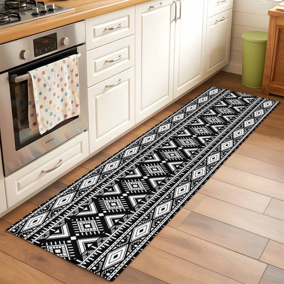 Vintage Black Geometric Hallway Washable Runner Rug 2x6 Tribal Boho Rustic Aztec Style Kitchen Runner Mat with Non Slip Backing Low Pile Thin Floor Carpet for Indoor Bedroom Living Room