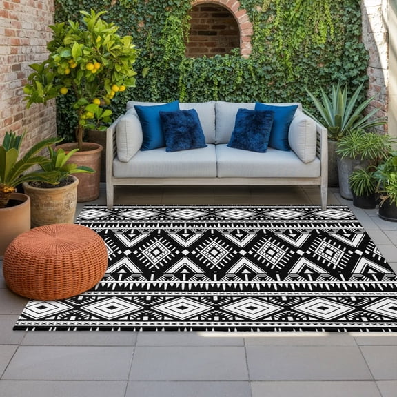 Vintage Black Geometric Indoor Outdoor Rugs 4x6 Ft, Tribal Boho Rustic Aztec Style Outdoor Patio Rugs Mat Washable Outside Area Rugs Carpet for Porch Deck RV Camping Pool Balcony Backyard