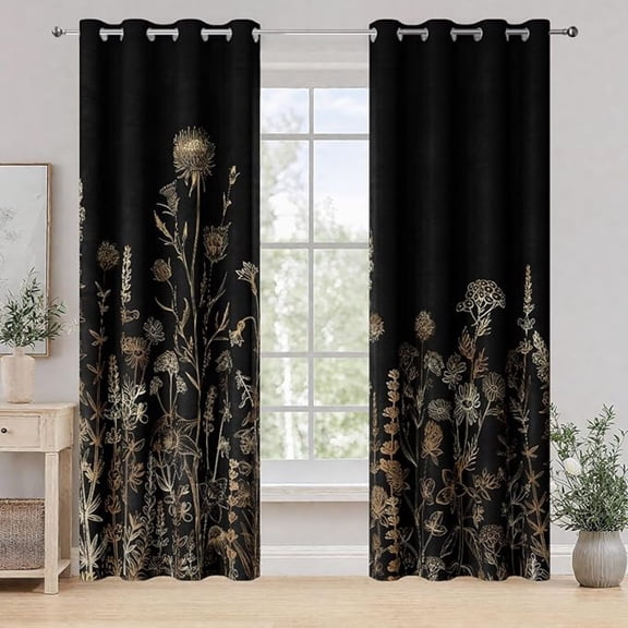 Vintage Black And Gold Boho Blackout Curtains, Black And Tan Cream Floral Dark Wildflower Botanical Flowers Grommet Drapes, Farmhouse Chic Window Panels Darkening Curtain 42"W x 84"L (Pack of 2)