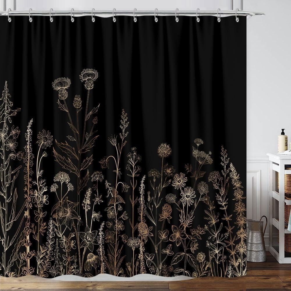 Vintage Black and Gold Boho Shower Curtain, Black and Tan Cream Floral Aesthetic Dark Wildflower Botanical Flowers Shower Curtain for Bathroom with Hook,Farmhouse Plant Art Chic Shower Curtain 72X72