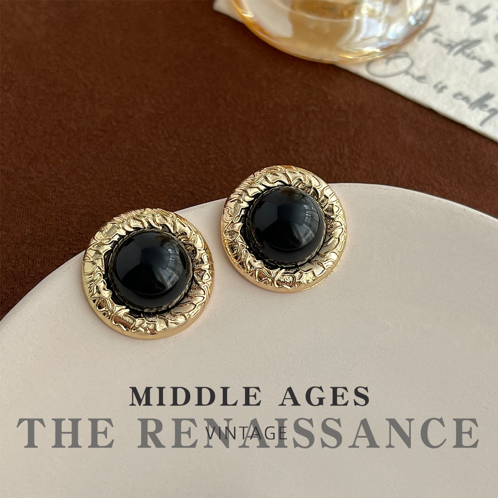 Vintage Black Gold Clip Earrings, Floral Geometric Hollow-Out Design-349202