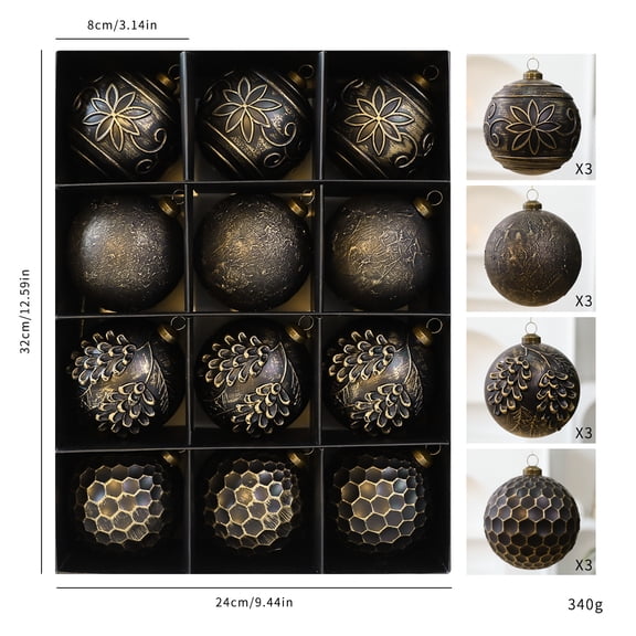 Vintage Black Gold Embossed Christmas Ball Ornaments, Textured Shatterproof Hanging Baubles for Christmas Tree Decor