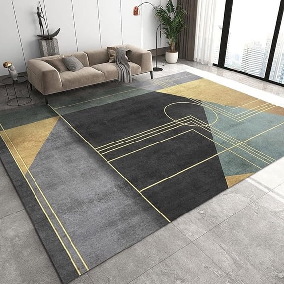 Vintage Black Gold Green Pattern Area Rug, Geometric Simple Fashion Indoor Non-Slip Kids Rugs, For Room Sofa Living Room Office Den Bedroom Home Decor 5x8ft