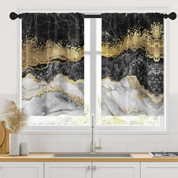 Vintage Black Gold Silver Marble Kitchen Curtains, Abstract Short Window Curtains Set of 2, Window Treatment Tier Curtains for Kitchen Over Sink Bathroom Dining Room Decor (26x36 Inch)