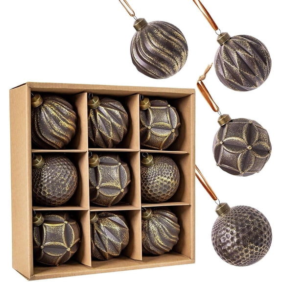 Vintage Black Gold Textured Christmas Ornament Balls Set Distressed Antique Finish Hanging Baubles Assorted Shapes Xmas Tree Decor Holiday Home Mantel Scene Decor Gift Box Pack(M)
