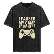 Vintage Black Graphic T-Shirt with I Paused My Game To Be Here Print and Retro Joystick Design Soft Cotton Casual Tee for Gamers