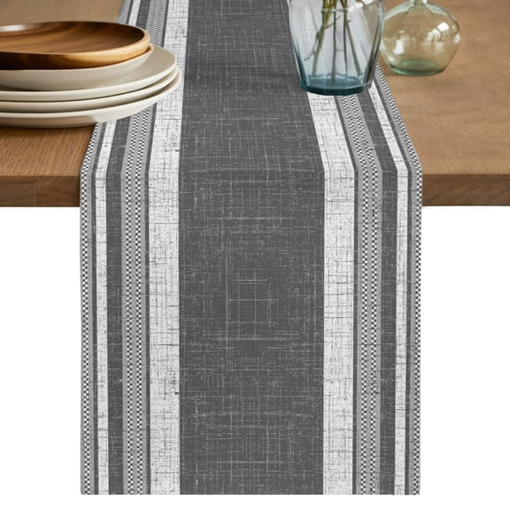 Vintage Black Gray Striped Table Runner 60 Inches Long,Farmhouse Modern Stripes Boho Cotton Linen Table Runners Dresser Scarves,Fabric Tabletop Scarf Furniture Cover for Home Dinner Party 13"x60"
