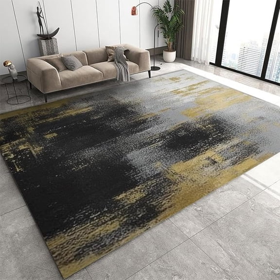 Vintage Black And Grey Oil Painting Area Rug, Luxury Gold Foil Graffiti Texture Indoor Rugs, With Anti-Slip Carpet For Living Room Bedroom Kitchen Dining Room Home Office 5x6ft