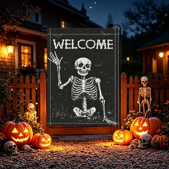 Vintage Black Halloween Skeleton Welcome 2D Printed Garden Flag, Front Porch Festival Yard Decor, No Flagpole, Halloween Gift