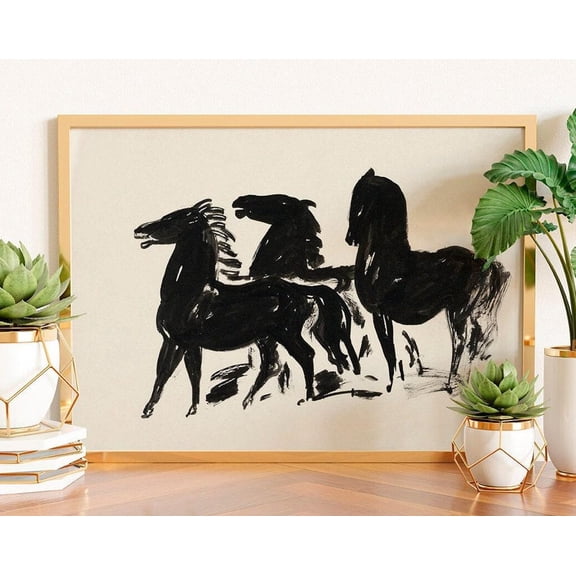 Vintage Black Horses Art Poster, Minimalist Horse, Stretched Canvas Size 8x12