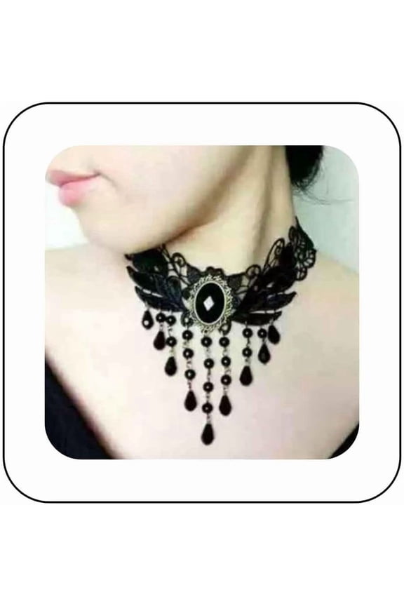 Vintage Black Lace Choker Necklace Black Gem Collar Necklace Short Black Choker Gothic Tassel Pendant Necklace Vampire Lace Nacklace Halloween Party Cosplay