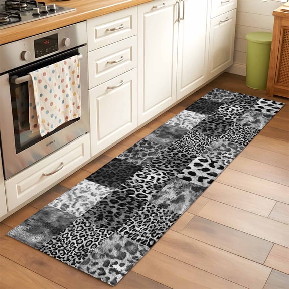 Vintage Black Leopard 2x6 Runner Rug for Hallway Walkway Kitchen Galley, Animal Print Patchwork Style Art Painting Low Pile Washable Non Slip Long Area Rug