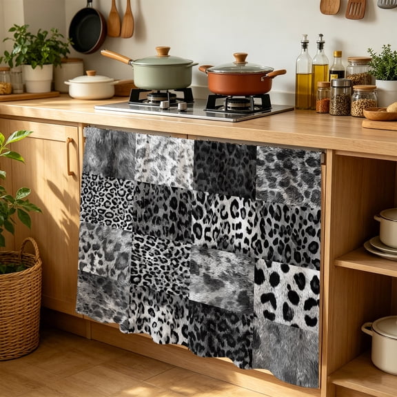 Vintage Black Leopard Cabinet Curtains for Kitchen 35"W x 35"L, Animal Print Patchwork Style Art Painting Laundry Sink Cabinets Magic Tape Short Curtain Privacy Panel for Bathroom Vanity Cabinets