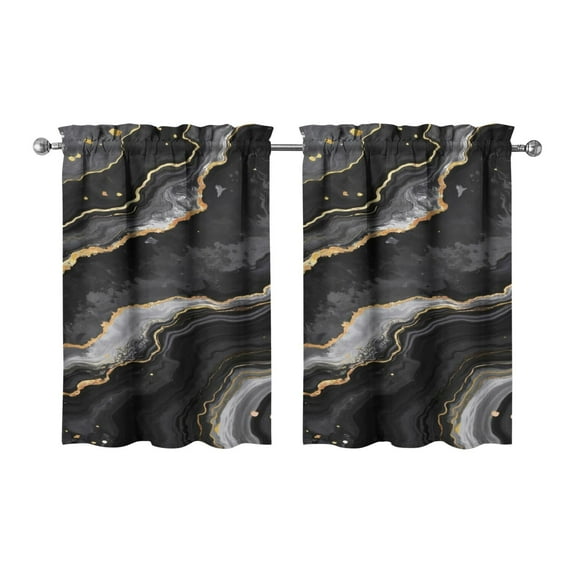 Vintage Black Marble Tier Kitchen Curtains for Bathroom Living Rod Pocket Window Drapes 28"x36" 2 Panels Window Treatment Tiers