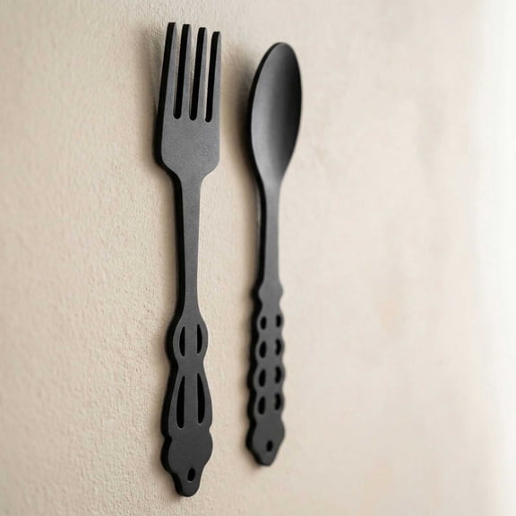 Vintage Black Metal Fork Spoon Wall Decor - 2PCS Farmhouse Kitchen Signs | Home Dining Room Living Room Decor