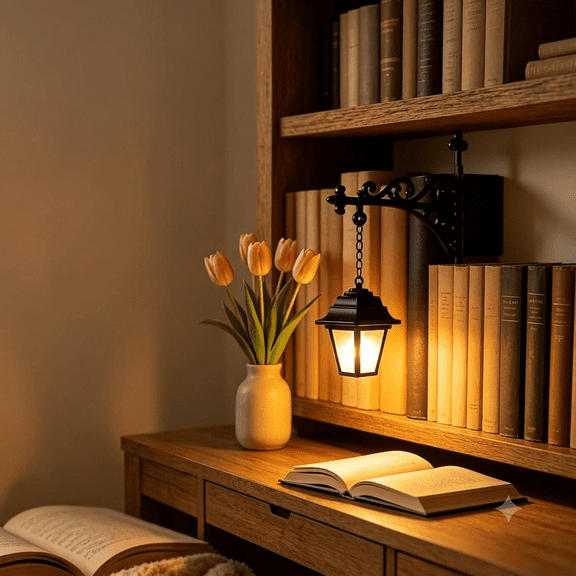 Vintage Black Metal Library Lantern, Cordless LED Bookshelf Desk Light with Warm to Cool Modes for Book Lovers & Cozy Home Decor, 1-Pack