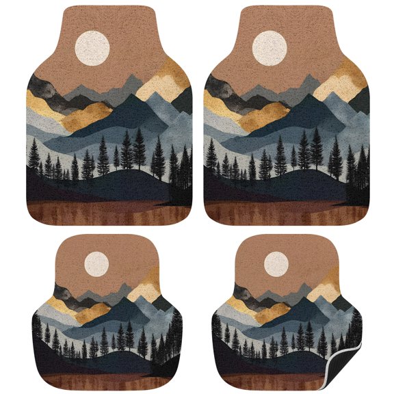 Vintage Black Mountain Car Floor Mats 4 Pieces,Front & Rear Auto Carpet Mats Full Set with Rubber Backing,Boho Brown Sun Natural Hills Forest Universal All Weather Car Floor Protectors for SUV Truck