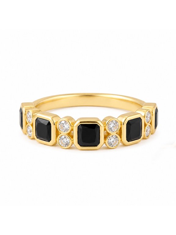 Vintage Black Onyx & Moissanite Spinal Band, 925 Sterling Silver Yellow Plated Half Eternity Band Ring, Promise Ring, Handmade Jewelry, Gift for Her