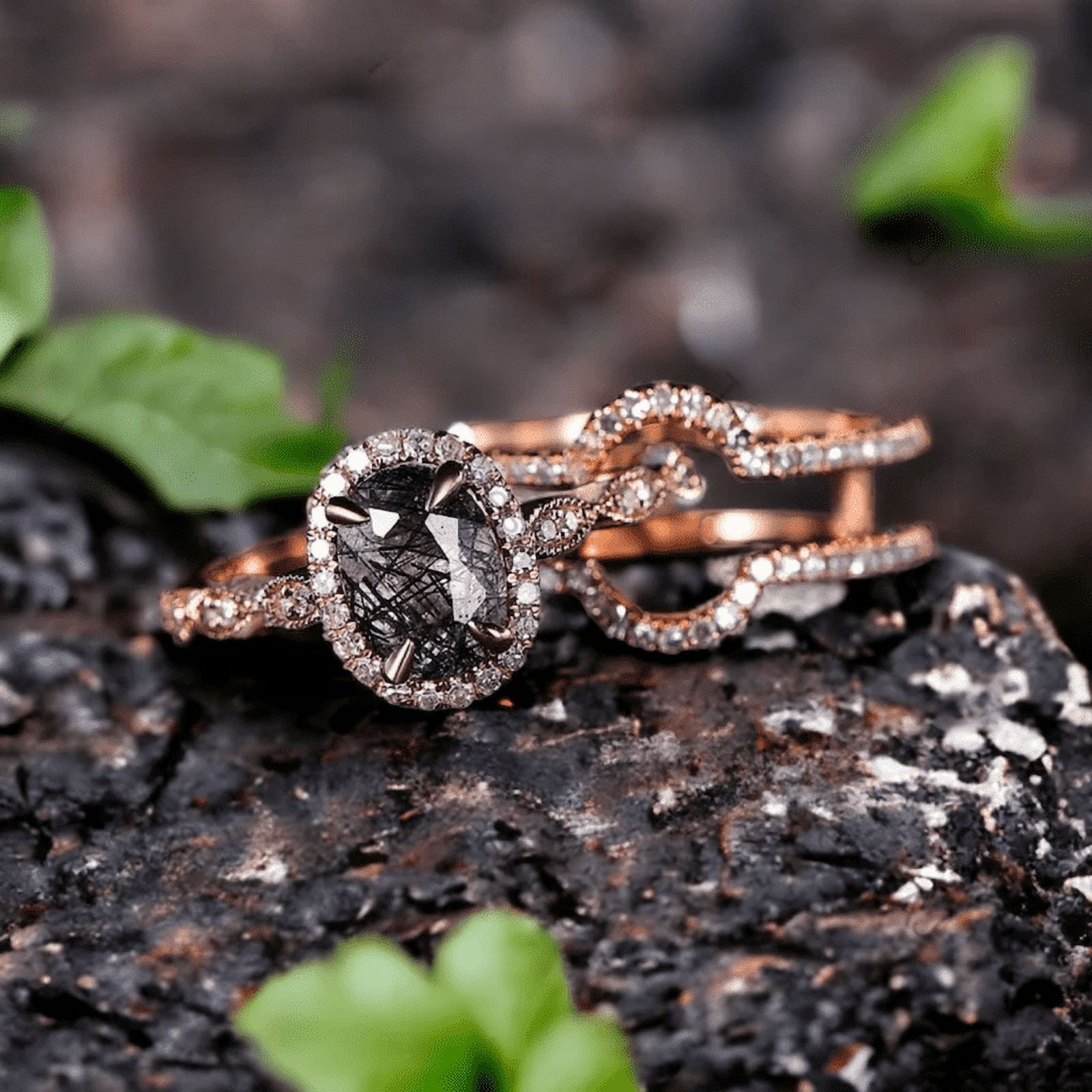 Vintage Black Rutilated Quartz Engagement Ring Set 14K Rose Gold