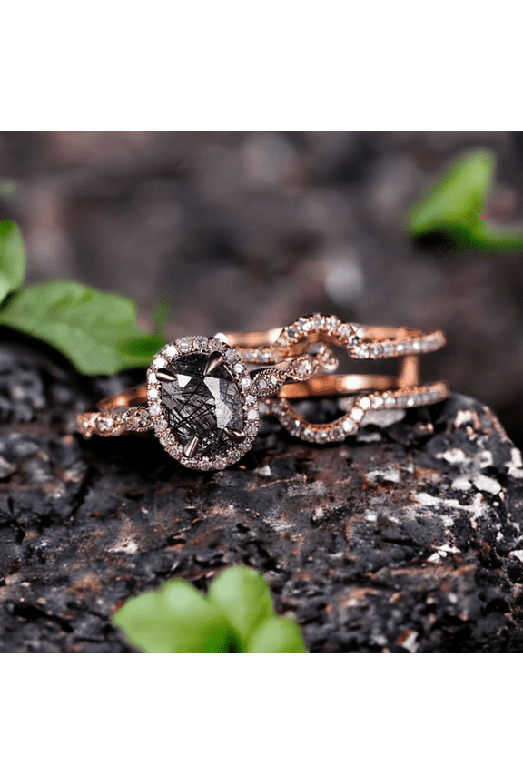 Vintage Black Rutilated Quartz Engagement Ring Set 14K Rose Gold Chevron Enhancer Wedding Band Bridal Ring For Women Halo Diamond Ring