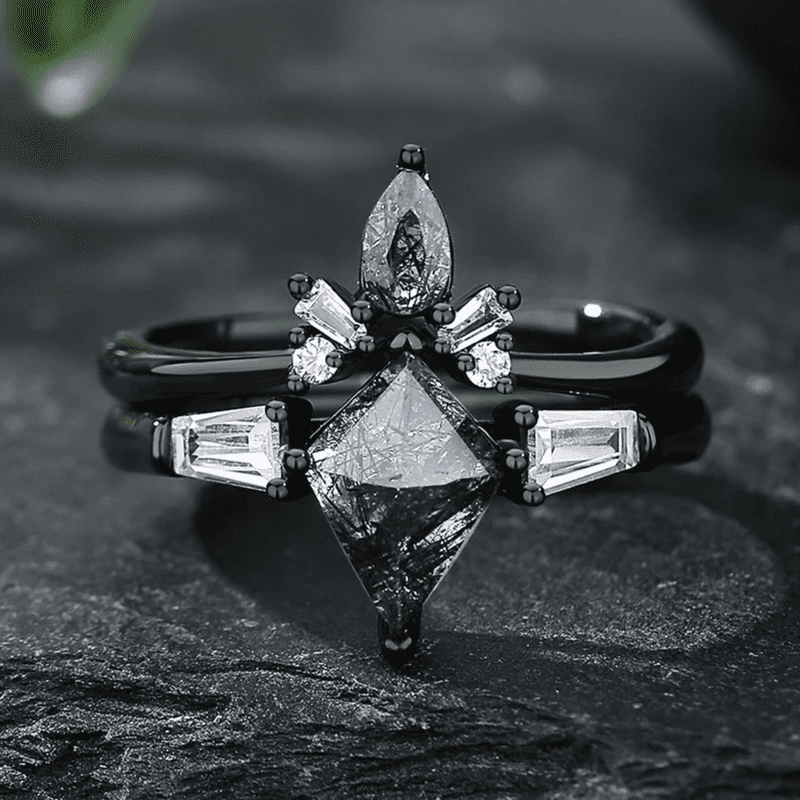 Vintage Black Rutilated Quartz Engagement Ring Set in 14K Black