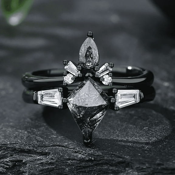 Vintage Black Rutilated Quartz Engagement Ring Set in 14K Black Gold Vermeil- Kite Cut Promise Ring for Women- Unique Bridal Wedding Ring Set