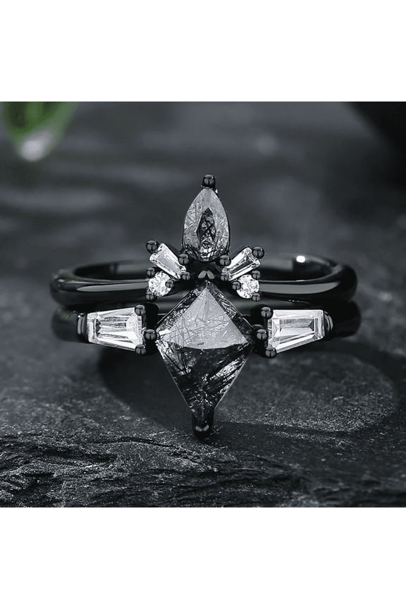 Vintage Black Rutilated Quartz Engagement Ring Set in 14K Black Gold Vermeil- Kite Cut Promise Ring for Women- Unique Bridal Wedding Ring Set