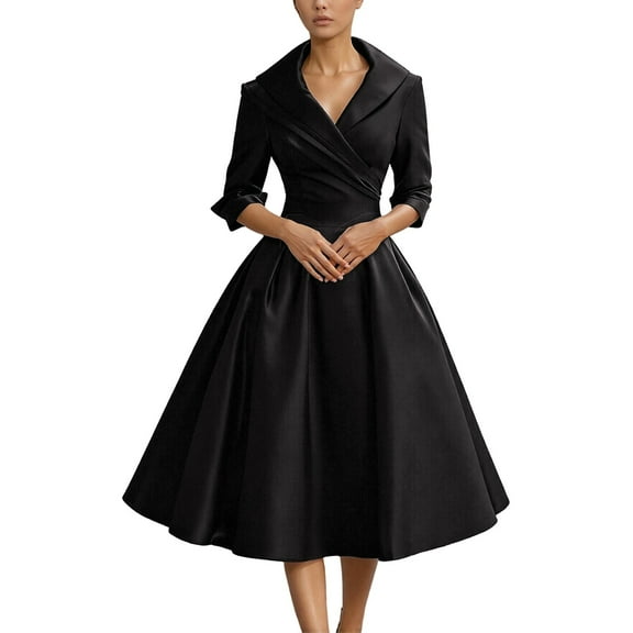 Vintage Black Satin Midi Dress with Draped Collar,Long Sleeves,A-Line Skirt,Elegant Cocktail,Evening Wear