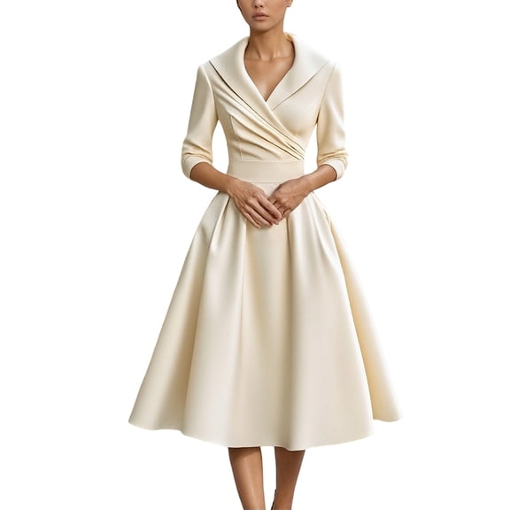 Vintage Black Satin Midi Dress with Draped Collar,Long Sleeves,A-Line Skirt,Elegant Cocktail,Evening Wear