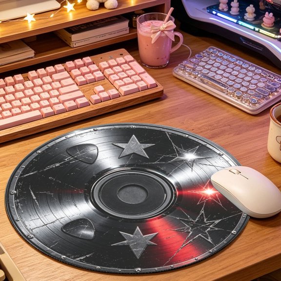 Vintage Black Silver Star Vinyl Record Round Mouse Pad, 2D Printed Mat for Office Gaming (8.66in), Desktop Decor & Festival Gift