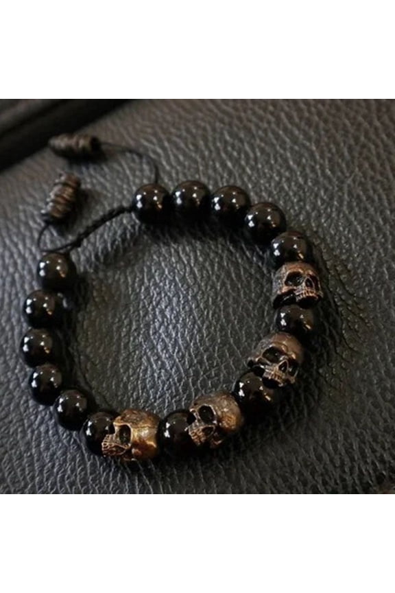 Vintage Black Skull Weave Bracelet for Men Punk Style Adjustable Wristband Gothic Biker Jewelry Rock Accessories Gift Idea