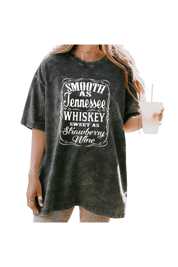 Vintage Black "Smooth As Tennessee Whiskey Sweet As Strawberry Wine" Western Country Music Washed Graphic Oversized T-shirt Casual Tops S-2XL