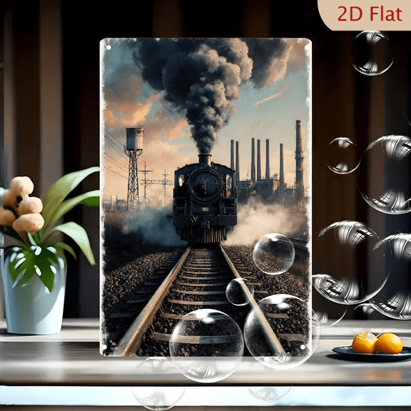 Vintage Black Steam Locomotive No. 110 Industrial Smokestack Art, 8x12 Inches Metal Wall Decor with Golden Dawn Atmosphere and Factory Background