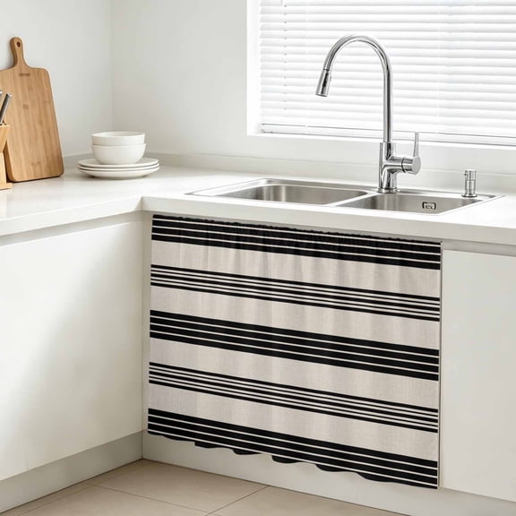 Vintage Black Stripe Cabinet Curtains for Kitchen 10"W x 11"L, Modern Minimalist Classic Black Stripe Lines Art Under Sink Skirt Magic Tape Short Curtain Decorative Privacy Panel for Bathroom Laundry