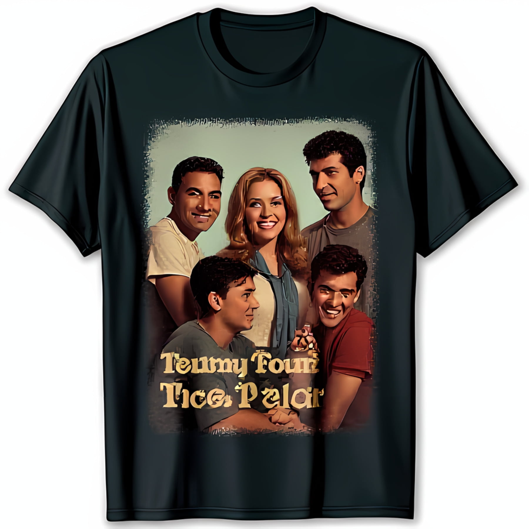 Vintage black t shirt featuring iconic the four seasons cast image in
