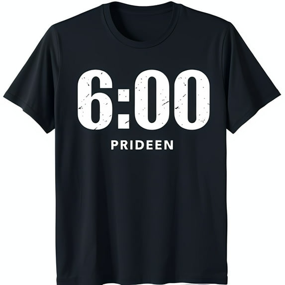 Vintage Black T-Shirt with Bold '6:00' Graphic & 'PRIDEEN' Text